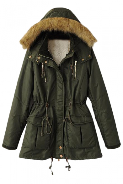 Plain Detachable Fluffy Hood Suede Lining Coat with Drawstring Details ...
