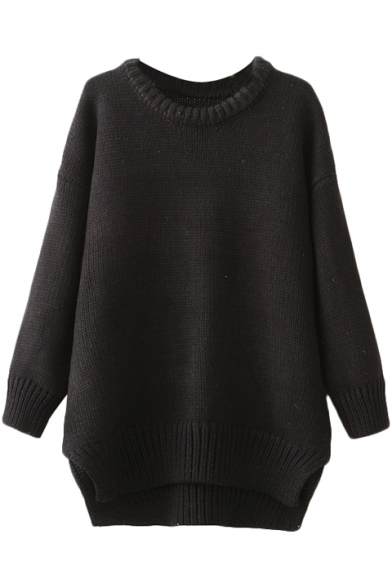 Plain Long Sleeve Knitted Side Split Sweater with Round Neck and High ...