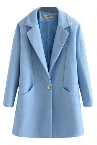 Plain Relaxed Fitted Notched Lapel Collar Single Breast Pockets Woolen Coat
