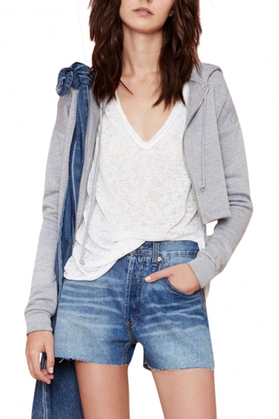 Plain Zip Fly Crop Hooded Pullover with Drawstring Details