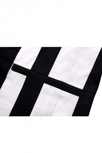 White&Black Stripe Print Lapel Collar Double-Breast Pockets Long Sleeve Blazer