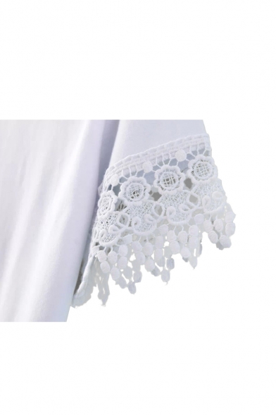 White Plain Lace Crochet Trim Round Neck Cropped T-Shirt