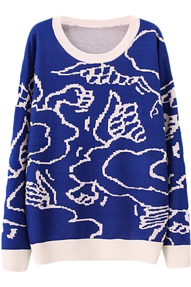 Cloud Pattern Contrast Trim Off-Duty Sweater with Round Neck