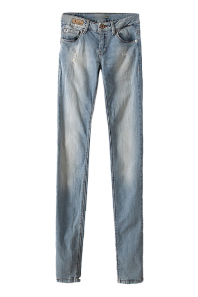 Faded Light Wash Low Rise Pencil Jeans with Zip Fly