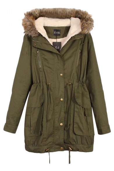 Fluffy Hood Zip Fly Coat with Suede Lining and Drawstring Details