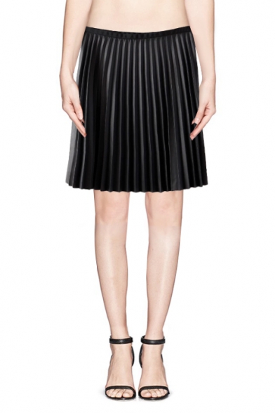 Plain High Waist Leather Pleated Short Skirt with Side Zipper