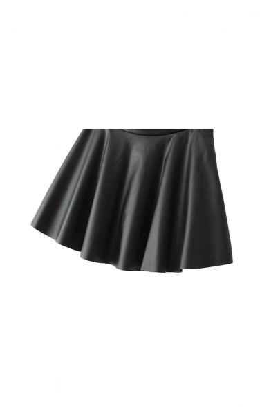 Plain PU Zipper Fly Side Pleated Flare Skirt