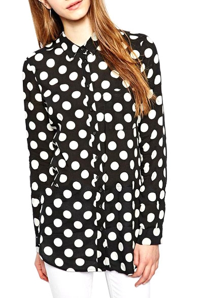 Polka Dot Print Lapel Button Front Long Sleeve Fitted Blouse