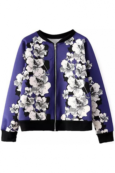 Purple Raglan Sleeve White Floral Print Zipper Jacket