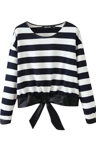 Stripes Pattern Long Sleeve Blouse with Round Neckline and Bow Tie Hem