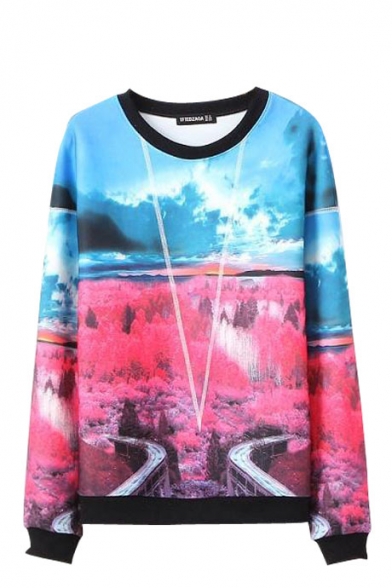 Color Block Round Neck Riverside Sweatshirt with V Line