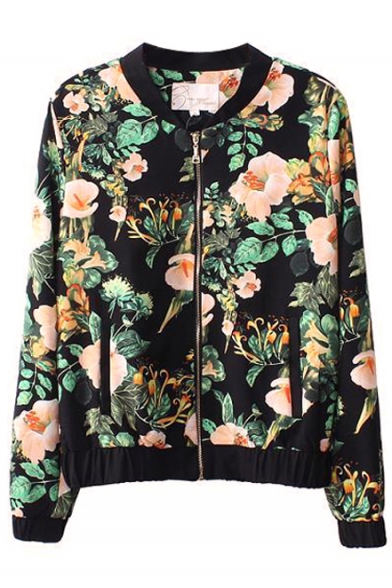 Morning Glory Print Stand-Up Collar Zippered Jacket