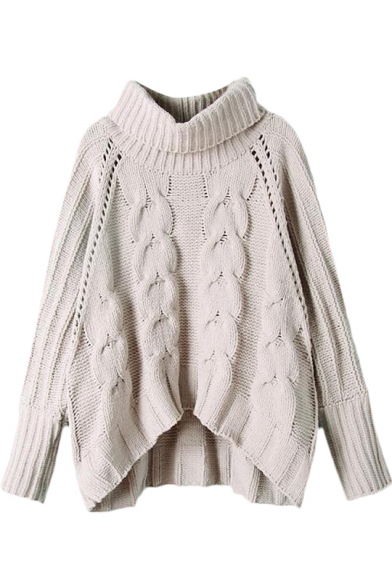 Plain Cable Knit Open Knit High Low Hem Raglan Sleeve Turtleneck Sweater