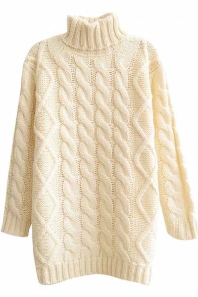 Plain Fitted Cable Knit High Neck Long Sleeve Sweater - Beautifulhalo.com