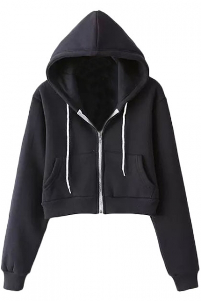 Plain Hooded Zip Fly Long Sleeve Crop Coat with Drawstring