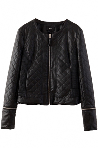 Plain Zipper Fly Long Sleeve Quilted PU Jacket with Round Neck