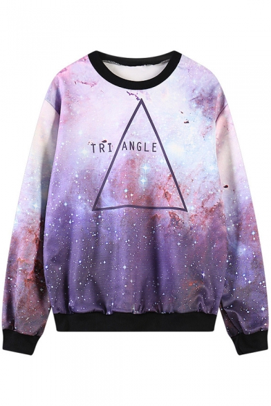 Purple Fantastic Space&Triangle Print Round Neck Sweatshirt