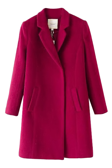 Red Plain Lapel Collar Open Front Pockets Long Sleeve Woolen Coat