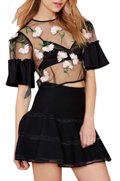 Short Flare Sleeve Sheer Style Flower Embroidered Cropped Round Neck Blouse
