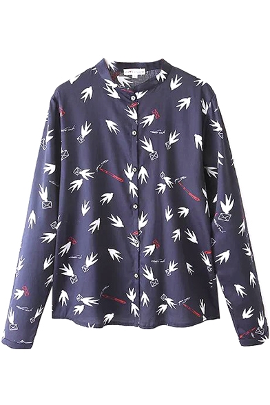 Black Background Carrier Pigeon Print Stand Collar Shirt