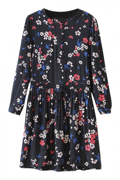 Black Background Swallow&Floral Print Long Sleeve Dress with Drawstring Waist
