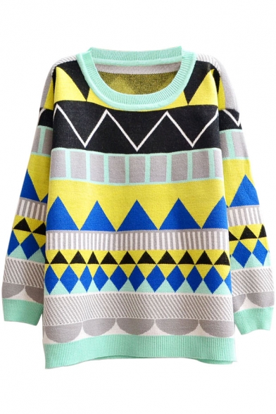 Color Block Style Geometric Jacquard Pattern Round Neck Long Sleeve Sweater