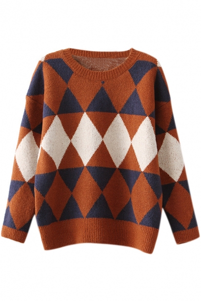 Fashion Argyle Pattern Long Sleeve Sweater with Round Neckline
