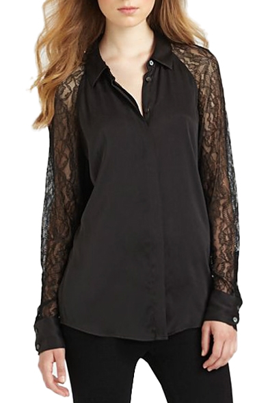 Lace Panel Sleeve Black Chiffon Shirt