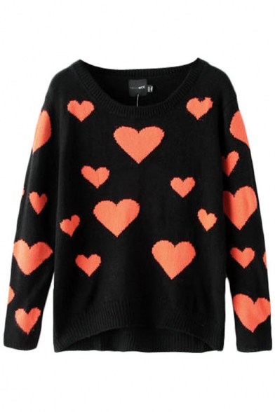 Orange Heart Pattern Long Sleeve Knitted Sweater with Round Neckline
