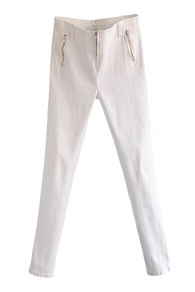 Plain Ankle-Cuff Zipper Embellished High Waist Skinny Pants