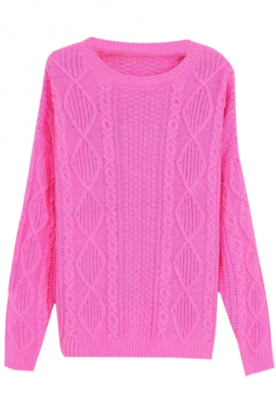 Plain Cable Diamond Knit Round Neck Long Sleeve Sweater