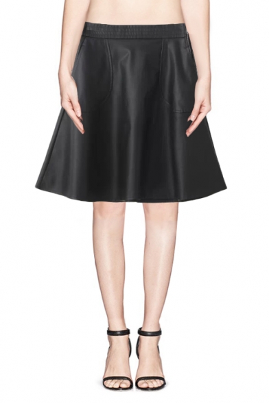 Plain Elastic Waist Leather Full Skirt with Side Zipper