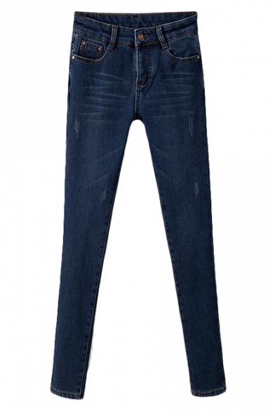Plain Scratch Dark Wash Mid Rise Fitted Pencil Jeans