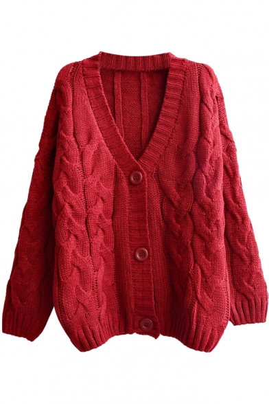 Plain V-Neck Batwing Cable Knitted Loose Cardigan