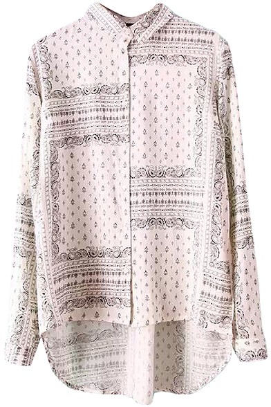 White Background Scarf-Print Style Long Sleeve Shirt with High-low Hem