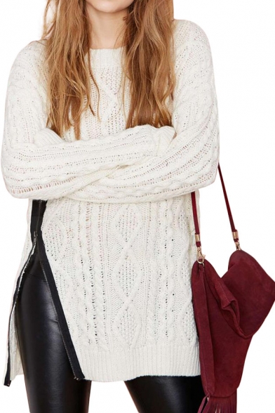 White Loose Cable Cutout Knit Split Hem Zippered Right Side Sweater