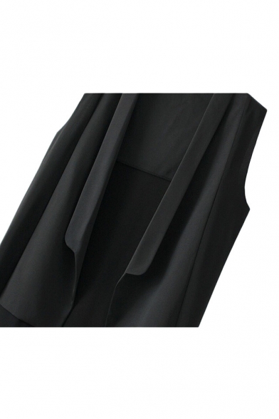 Black Plain Lapel Collar Sleeveless Open Front Fitted Vest