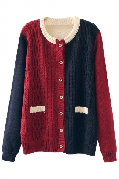 Color Block Round Neck Faked Pocket Knitted Cardigan