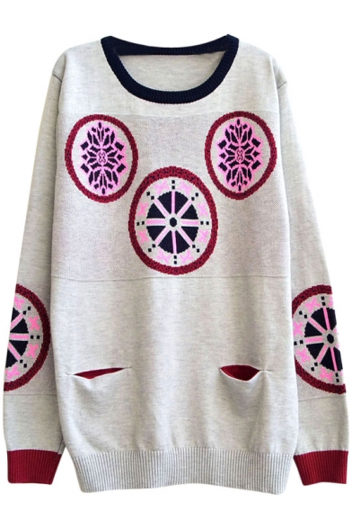 Jacquard Geometrical Pattern Knitted Sweater with Double Pocket