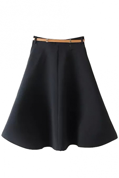 Plain High Rise Zipper Fly Flared Skirt with Belt