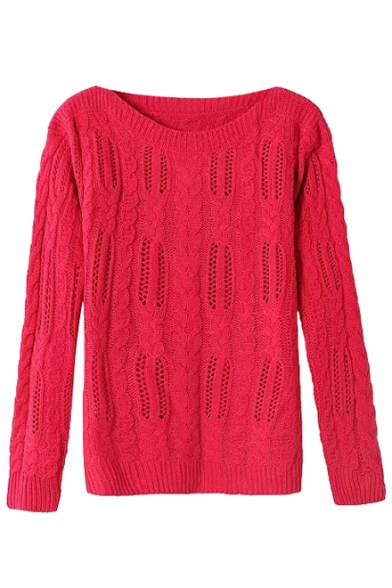 Plain Jacquard Long Sleeve Cutout Sweater with Round Neck