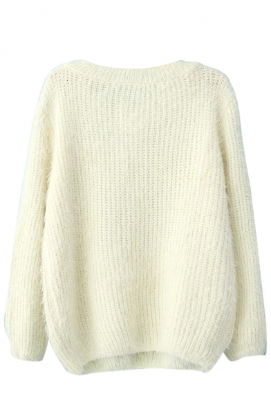 Plain Long Sleeve Mohair Knitting-needle Sweater with Round Neckline ...