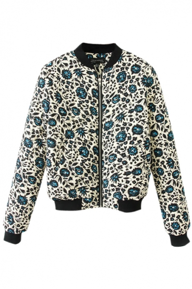 White Stand-up Collar Blue Floral Print Jacket