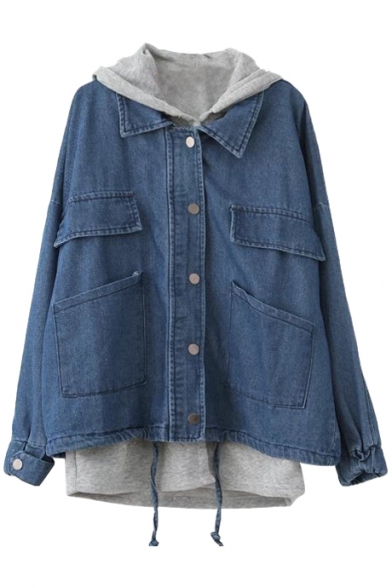 Blue Two Piece In One Hooded Drawstring Single-Breast Denim Coat with Vest