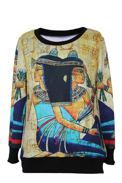 Egyptian Character Print Round Neck Long Sleeve Sweatshirt