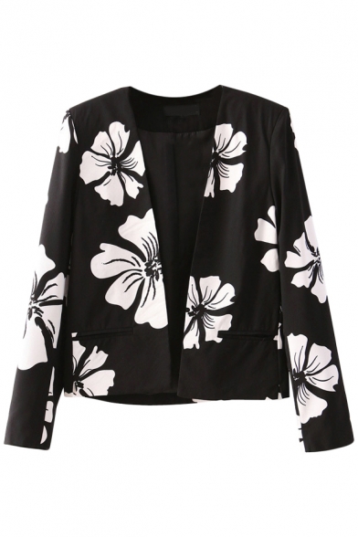 Monochrome Flower Print Open-front Cropped Blazer with Long Sleeve