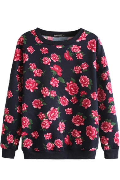Opulent Red Flower Print Long Sleeve Sweatshirt with Round Neckline
