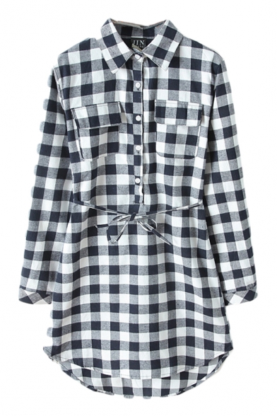 Plaid Print Lapel Single Breast Belted Dress with Double Pocket