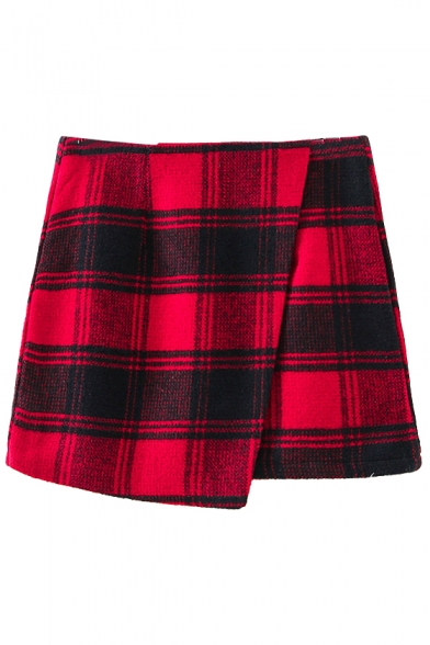 Plaid Print Red-Black High Rise Asymmetric Wrap Skirt