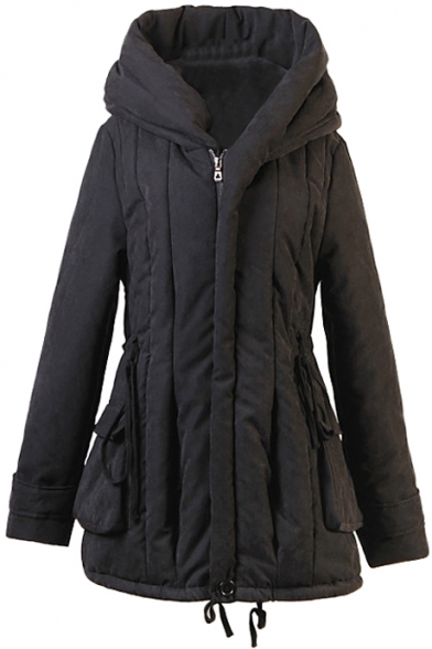 Plain Black Hooded Drawstring Zipper Pockets Seam Pleated Coat